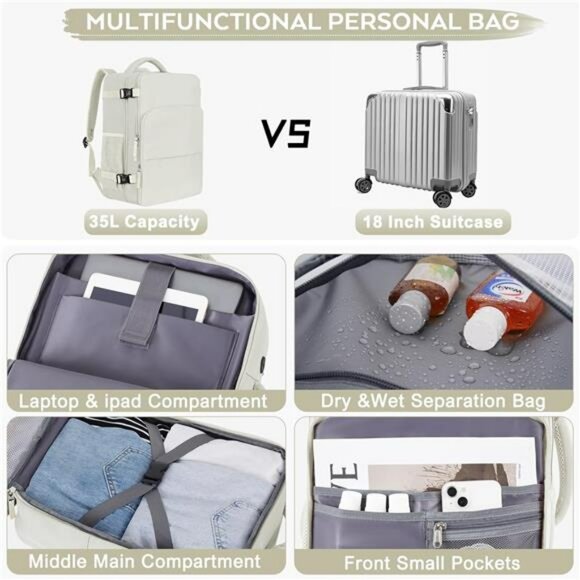 Airline approved large travel backpack carry on personal item bag for women beig - Picture 5 of 7